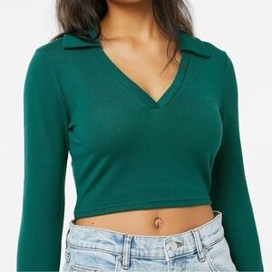 Collar Long Sleeve Cropped Top